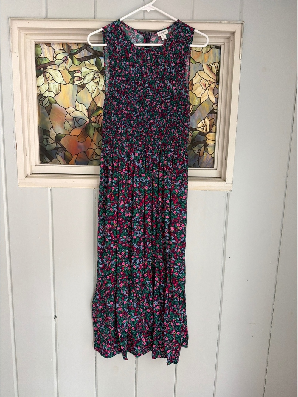 J.Crew Sleeveless pink purple Floral Midi smocked Dress size small